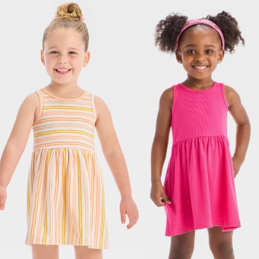 Lot of 2 Cat & Jack Girls Sleeveless Summer Dress Pink Ribbed & Orange Stripe 5T